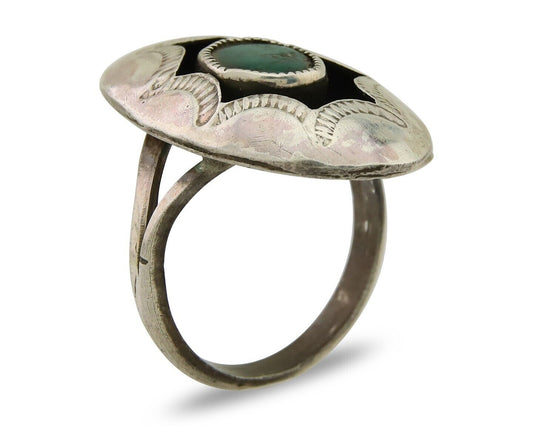 Navajo Hand Stamped Ring 925 Silver Natural Turquoise Native Artist C.80's