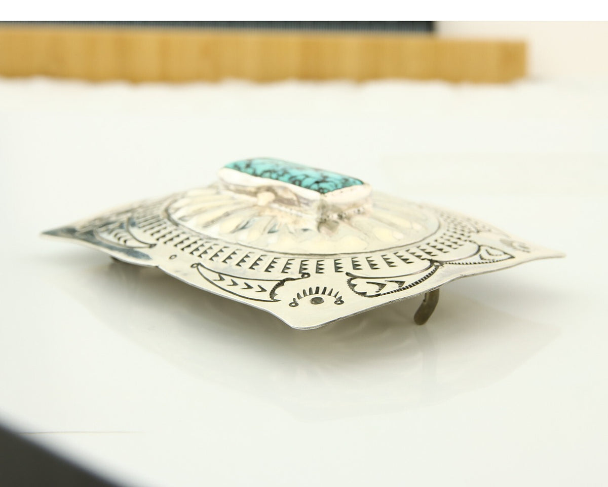 Navajo Belt Buckle 925 Sterling Silver Turquoise Artist Signed Tony Guerro C80s