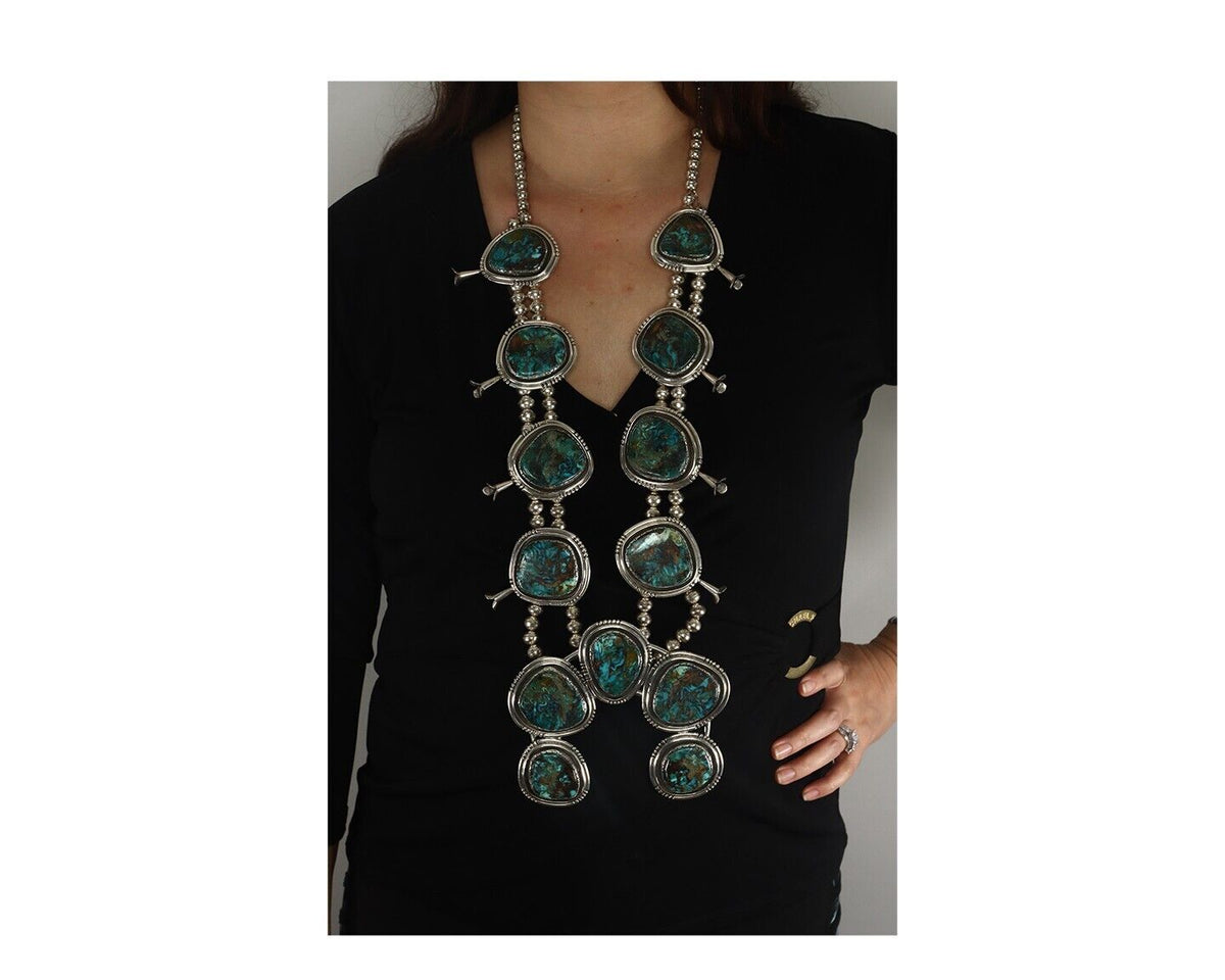 HUGE Navajo Squash Necklace 925 Silver Nalural Tuquoise Signed BY-OG C.80's