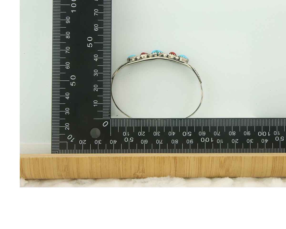 Navajo Bracelet 925 Silver Coral & Turquoise Cuff Signed D C.80's