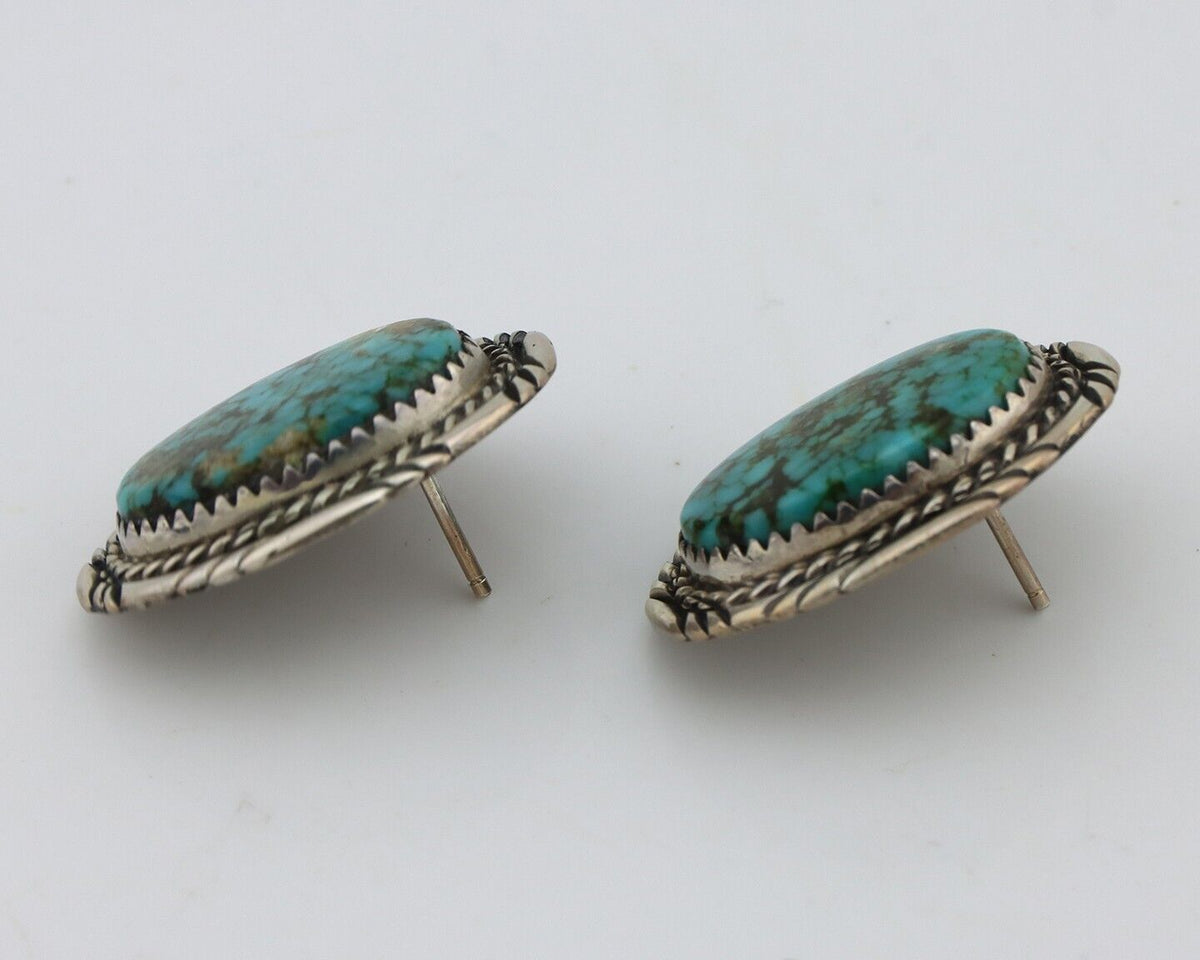 Navajo Hand Stamped Earrings 925 Silver Spiderweb Turquoise Signed M Begay C.80s
