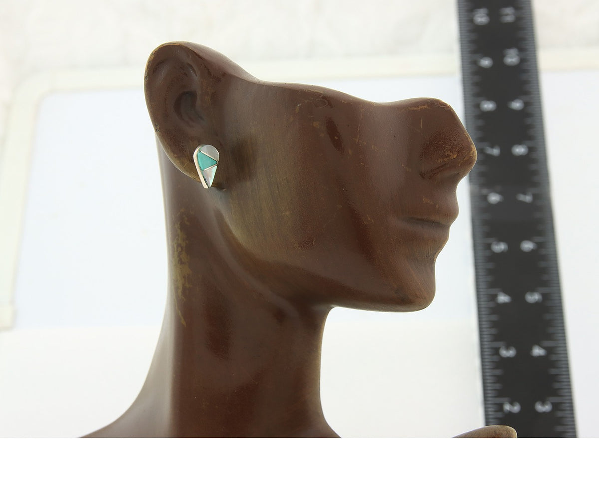 Navajo Earrings Sterling Silver Inlaid Turquoise & MOP Vintage Handmade