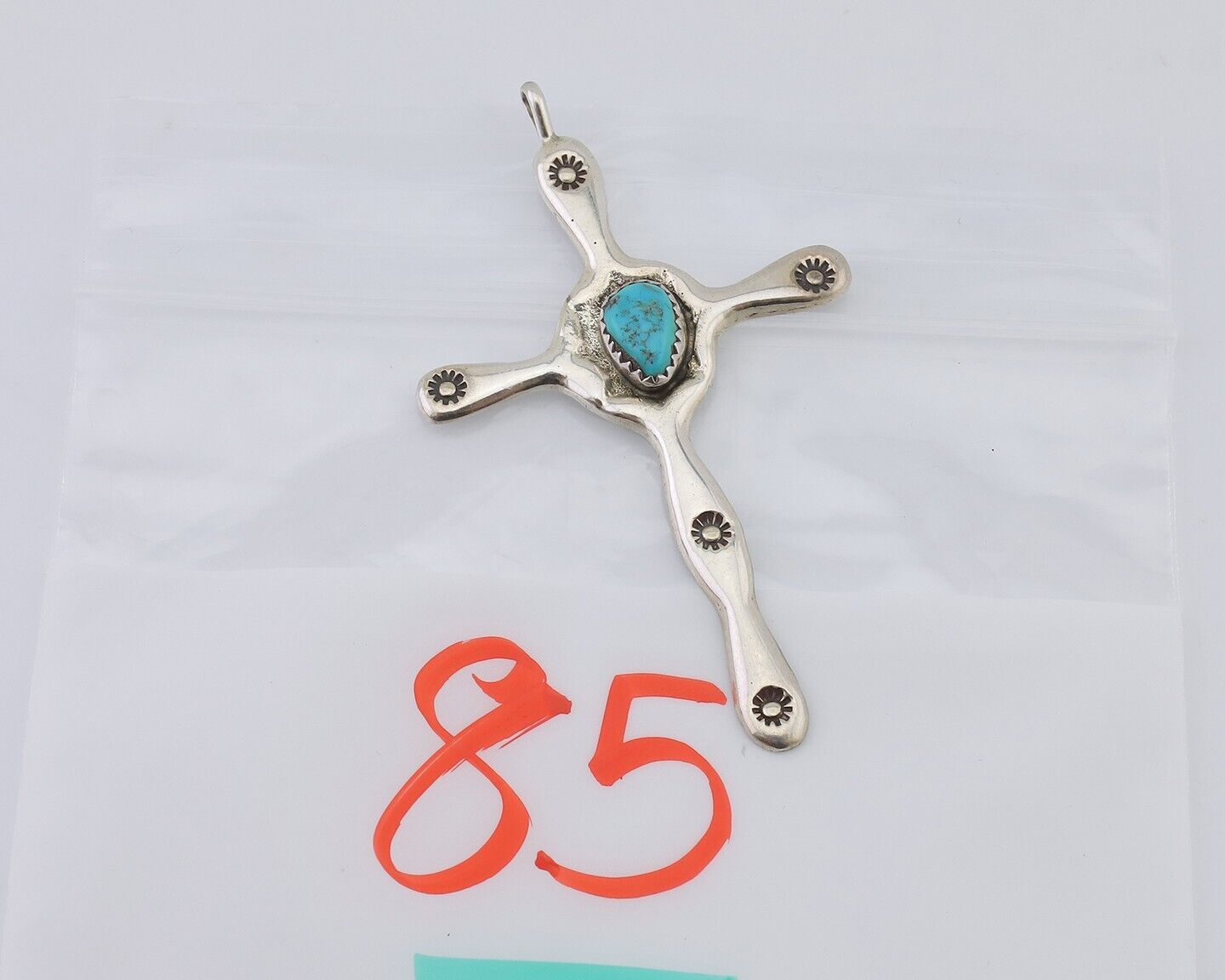 Navajo Cross Pendant 925 Silver Turquoise Hand Stamped Native American C.80's