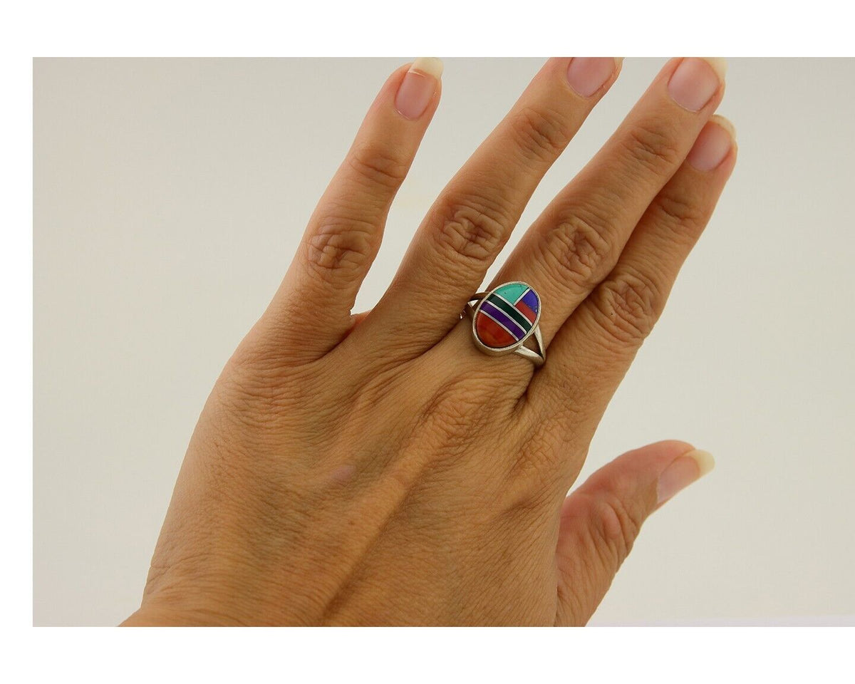 Navajo Ring 925 Sterling Silver Natural Gemstones Artist Signed Sunrise C.80's