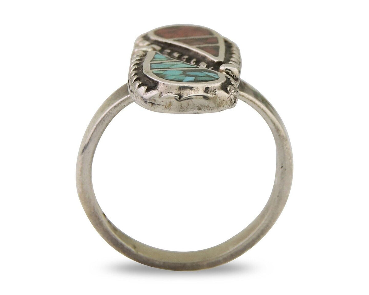 Navajo Ring 925 Silver Chip Inlay Turquoise & Coral Native Artist C.80's