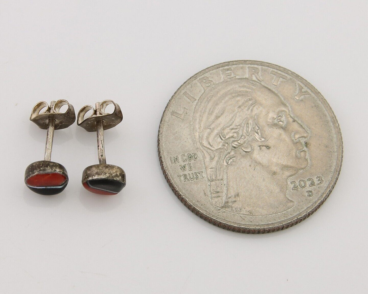 Navajo Earrings 925 Silver Inlaid Natural Onyx & Coral Native Artist C.80's