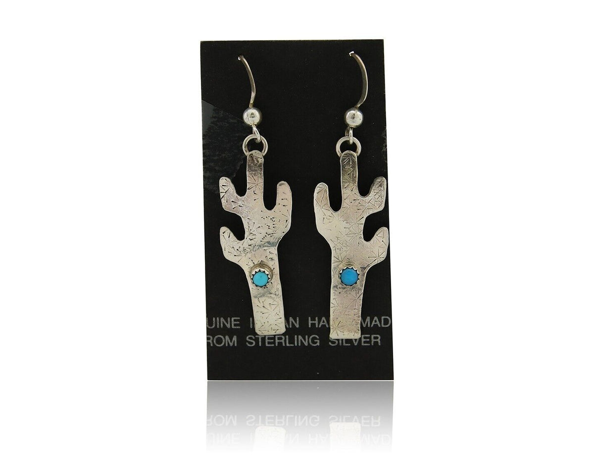 Navajo Handmade Cactus Earrings 925 Silver Natural Turquoise Native Artist C.80s