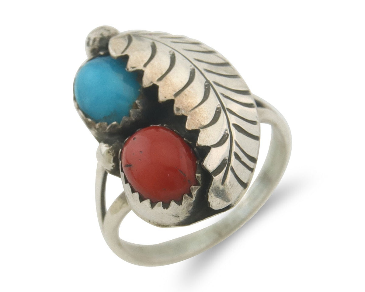 Navajo Ring 925 Sterling Natural Coral & Turquoise Signed BB C.80's Size 6.0