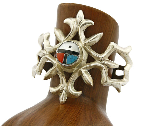 Navajo Sand Cast Jet Coral Turquoise & MOP Inlaid .925 Silver Cuff Bracelet