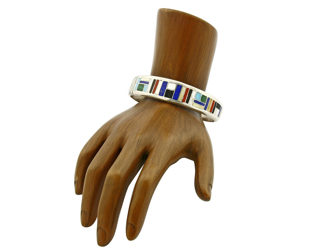 Early Artist David Freeland Inlaid Natural Gemstone .925 SOLID Silver Cuff