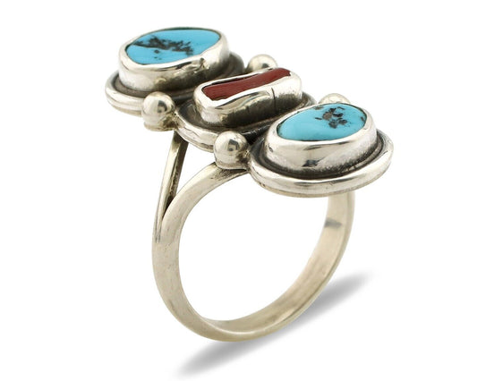 Navajo Ring 925 Silver Sleeping B Turquoise & Coral Native American Artist C.80s