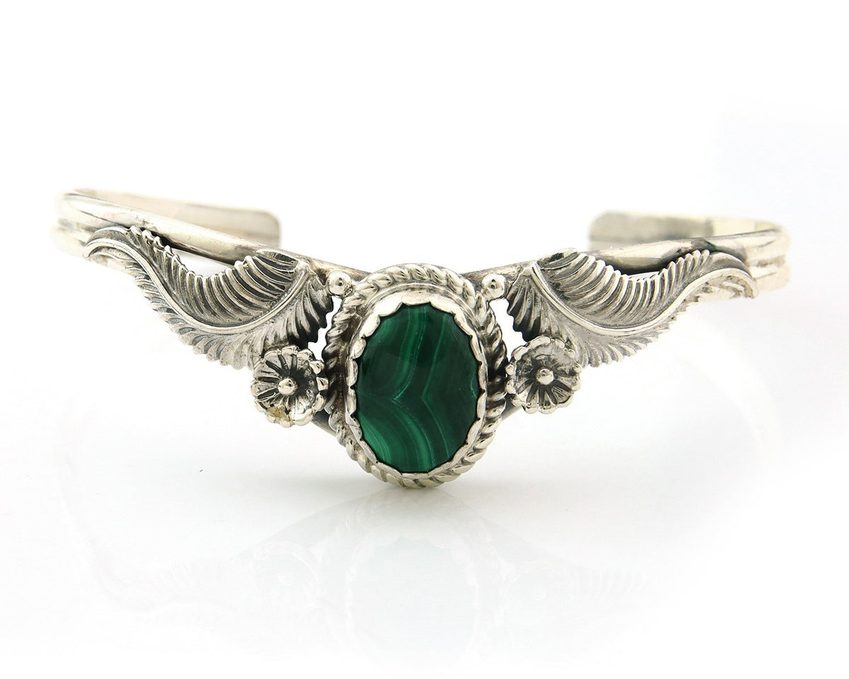 Navajo Cuff Bracelet Sterling Silver Natural Malachite Vintage Signed SN