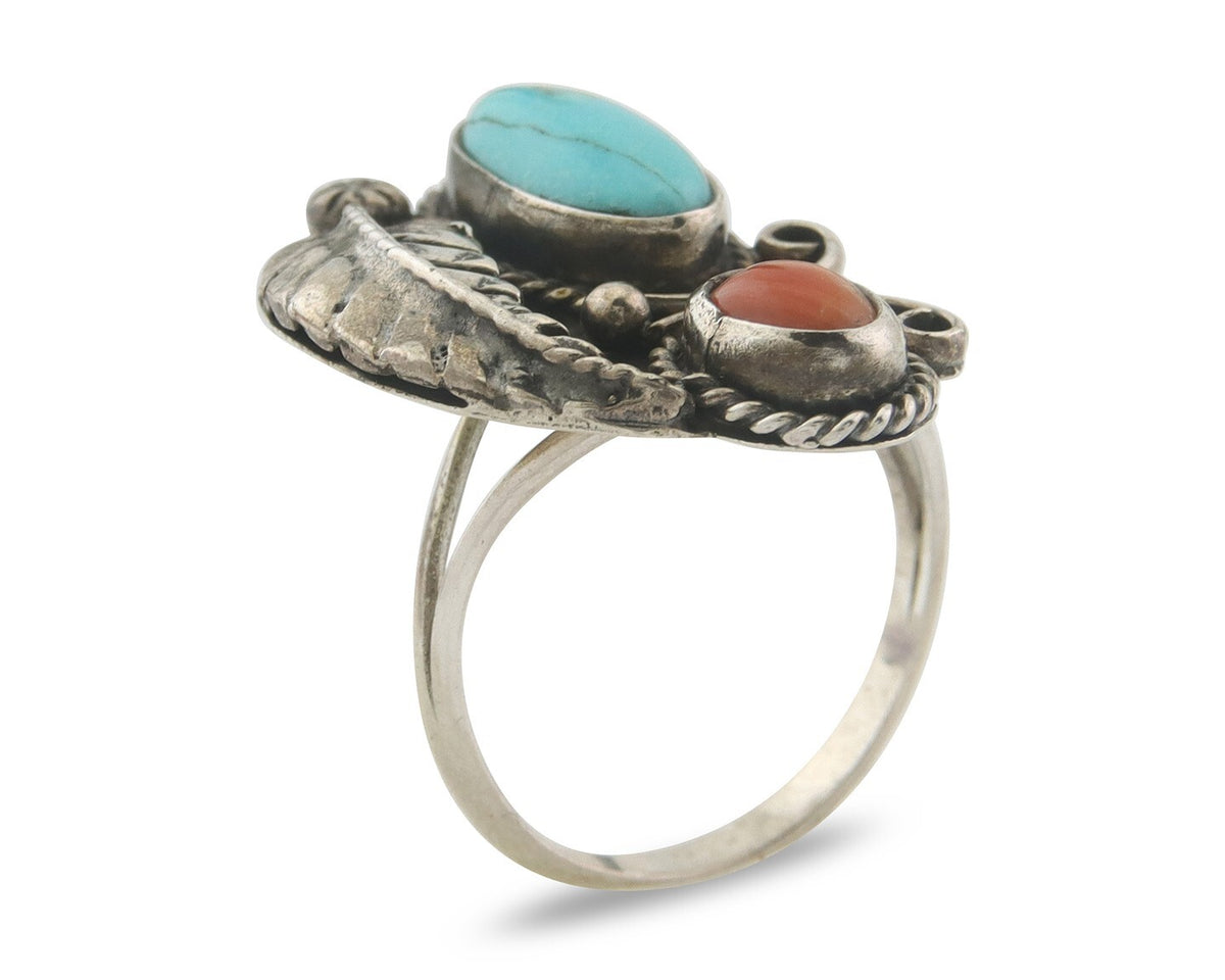 Navajo Ring 925 Sterling Natural Coral & Turquoise Signed EH C.80's Size 7.0