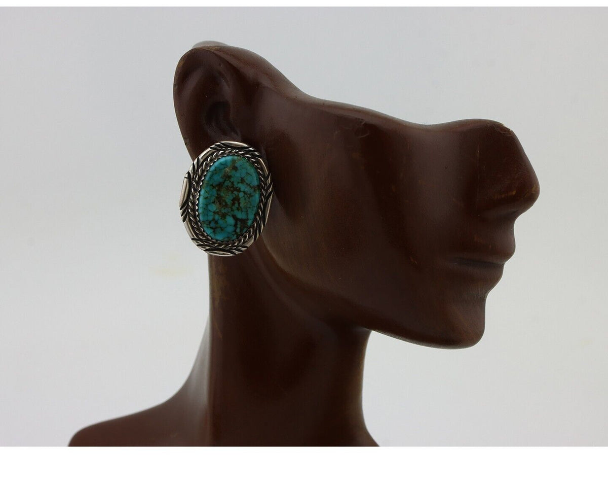 Navajo Hand Stamped Earrings 925 Silver Spiderweb Turquoise Signed M Begay C.80s