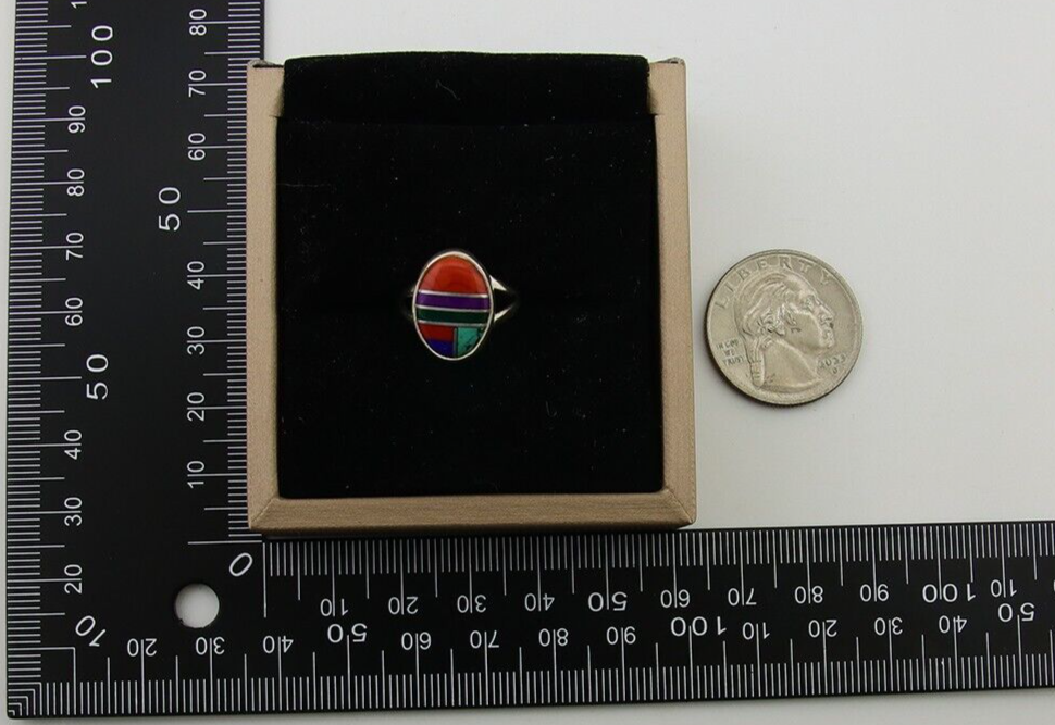 Navajo Ring 925 Sterling Silver Natural Gemstones Artist Signed Sunrise C.80's