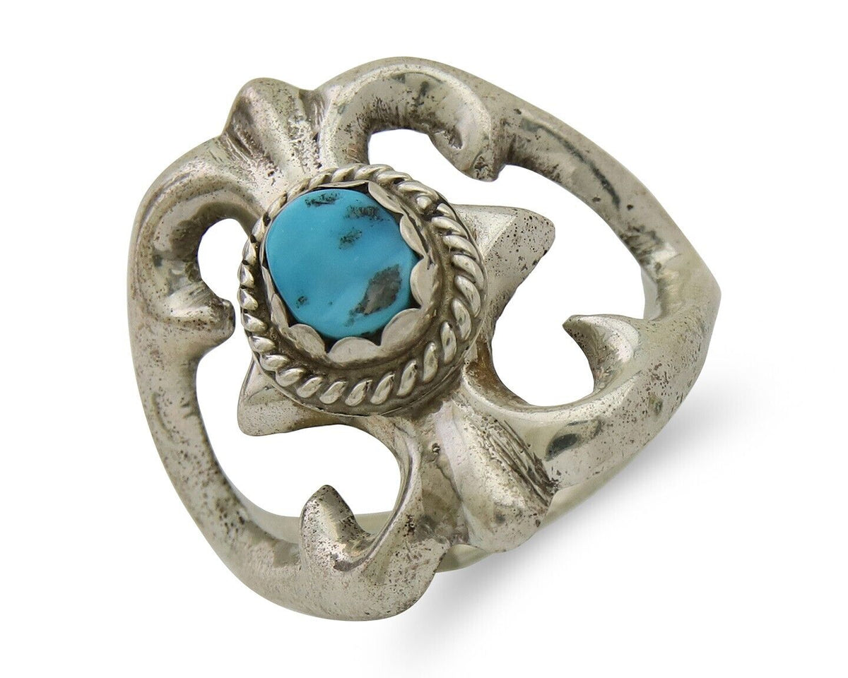 Navajo Sand Cast Ring 925 Silver Sleeping Beauty Turquoise Artist C.80's