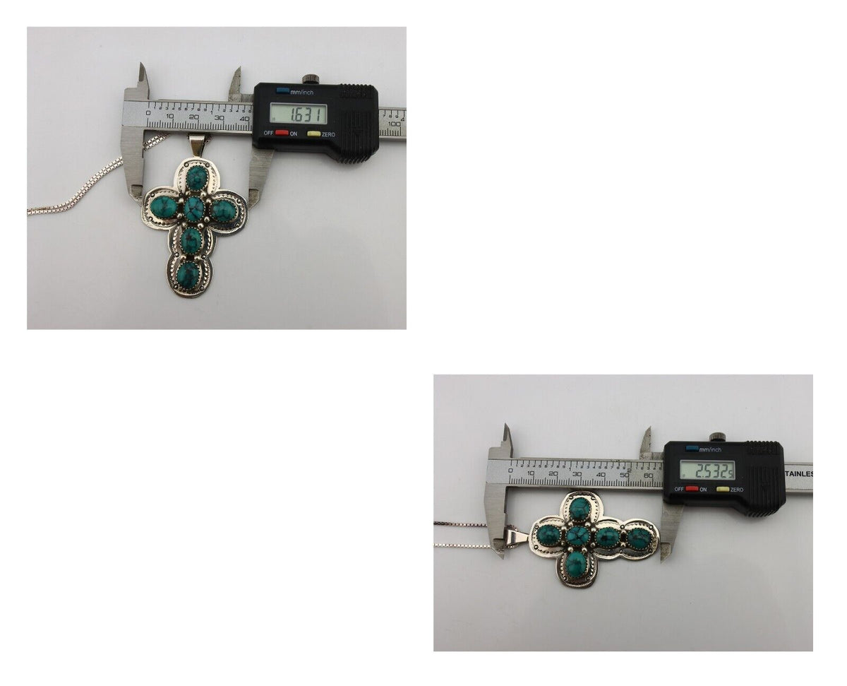 Navajo Cross Pendant 925 Silver Spiderweb Turquoise Native American Artist C80s