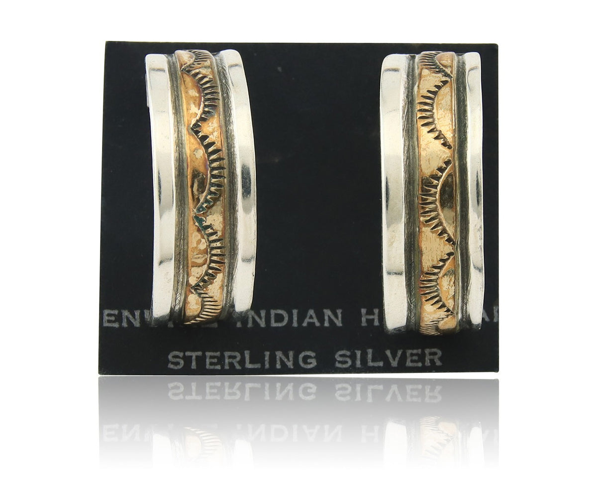Navajo Hoop Earrings Sterling Silver & Gold Vintage Handmade Signed E