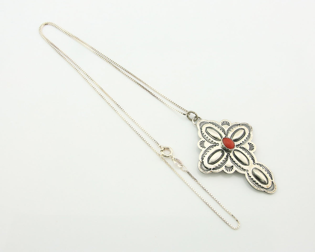 Navajo Cross Necklace Sterling Silver Snake Eye Coral Authentic Handstamped