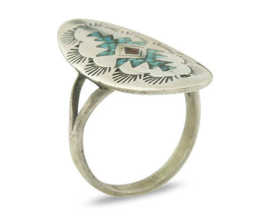 Vintage Navajo Ring 925 Sterling Turquoise & Coral Native Artist Size 8.0