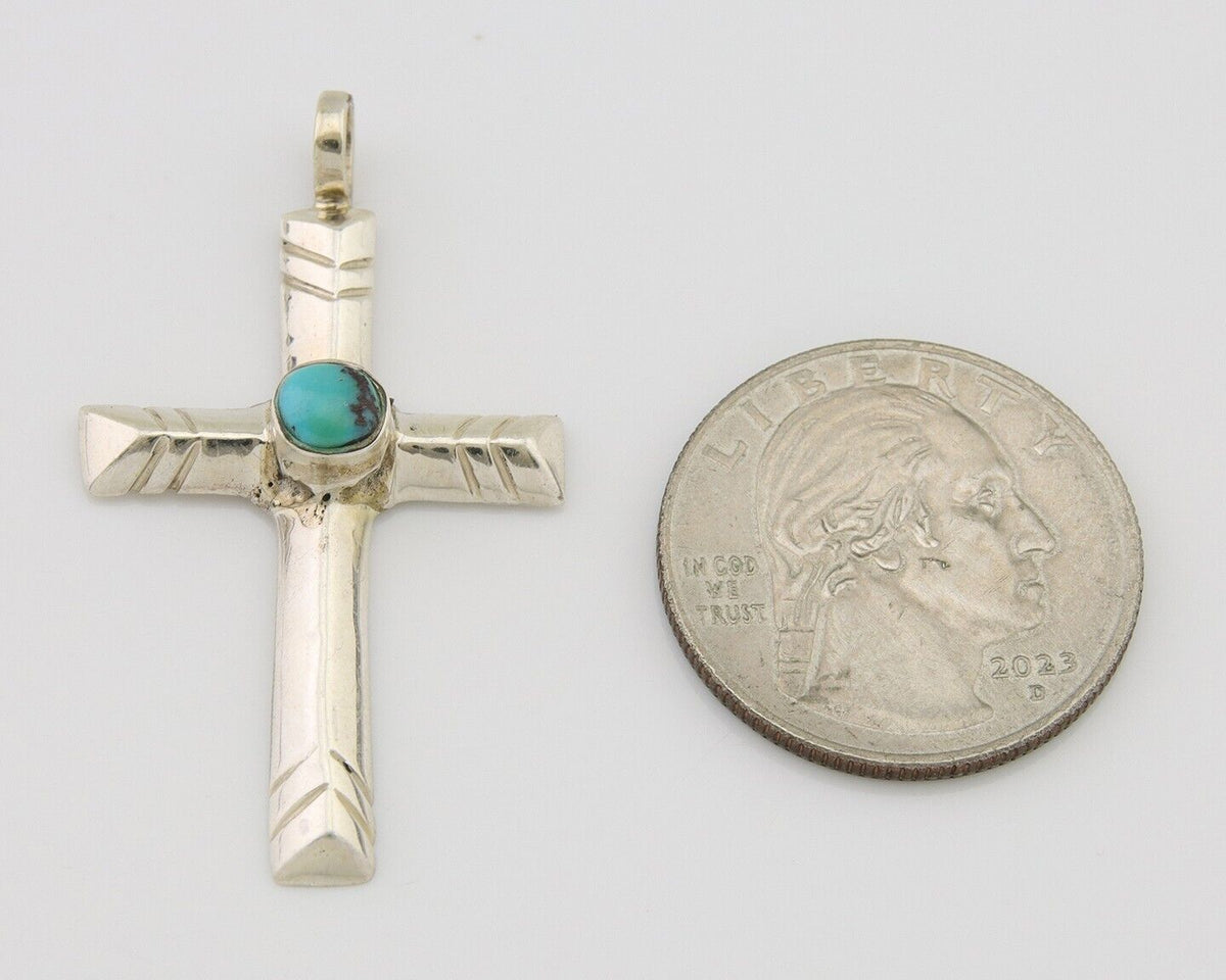 Navajo Sand Cast Cross Pendant 925 Silver Turquoise Artist Signed J Yazzie C.80s