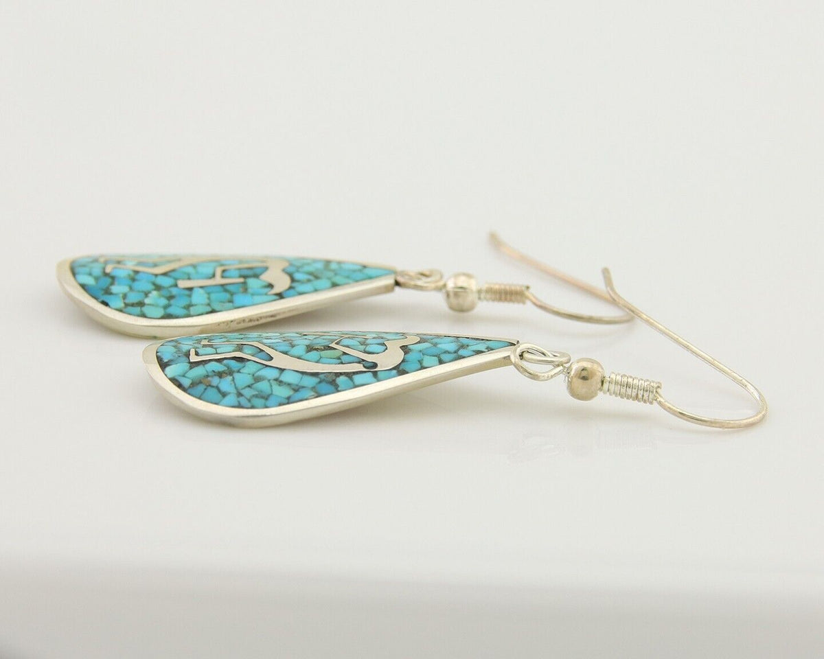 Navajo Kokopelli Earrings 999 Nickel Chip Inlay Turquoise Coral Native American