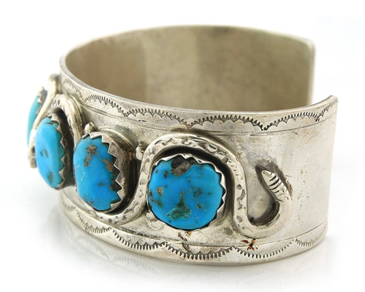 Men Zuni Cuff Bracelet Sterling Silver Turquoise Vintage Signed Effie Calavasa