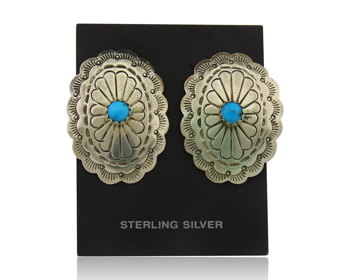 Navajo Earrings 925 Silver Natural Turquoise Artist Signed J Nelson C80s