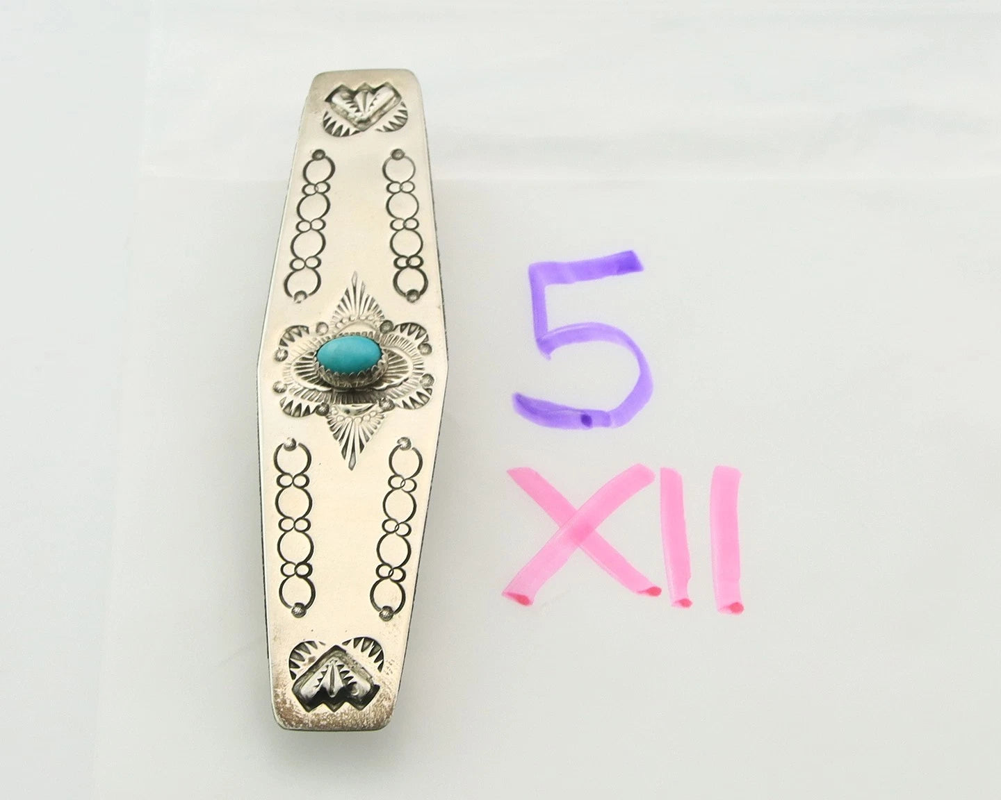 Navajo Barrette Sterling Silver Turquoise Hand Stamped Vintage Signed WS