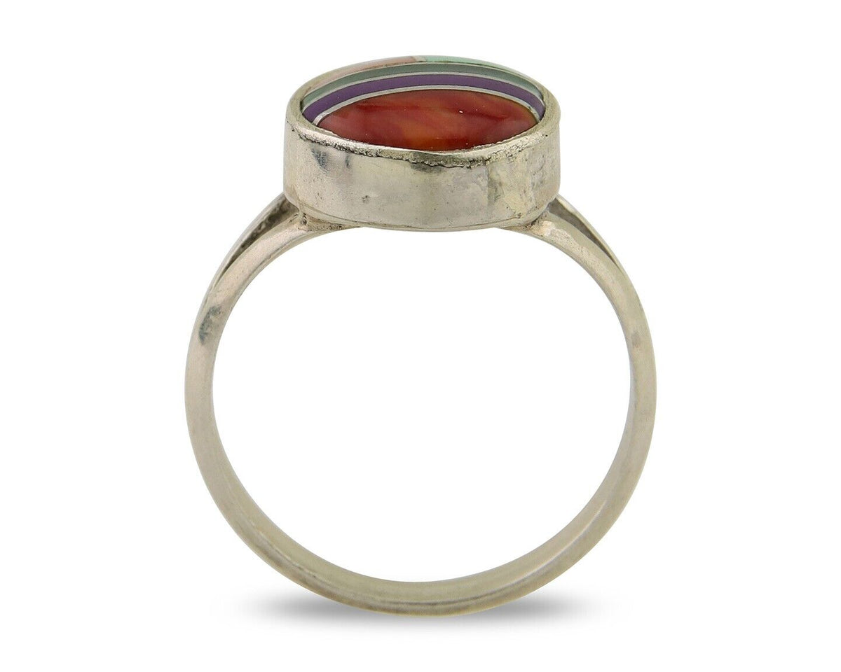 Navajo Ring 925 Sterling Silver Natural Gemstones Artist Signed Sunrise C.80's