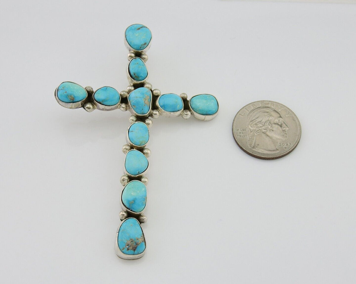 Navajo Cross Handmade Pendant 925 Silver Turquoise Artist Signed Russel Sam C80s
