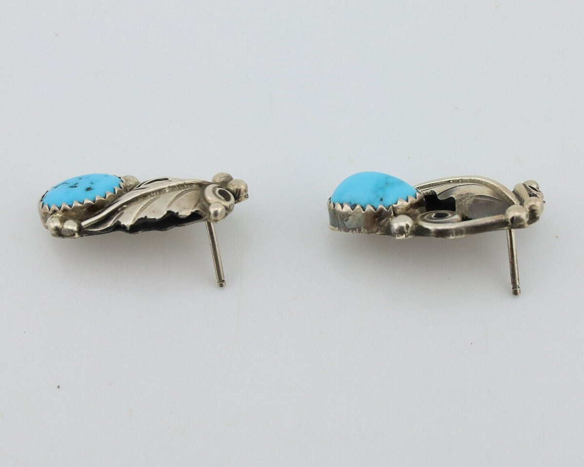 Navajo Earrings 925 Silver Natural Blue Turquoise Native American Artist C.80s
