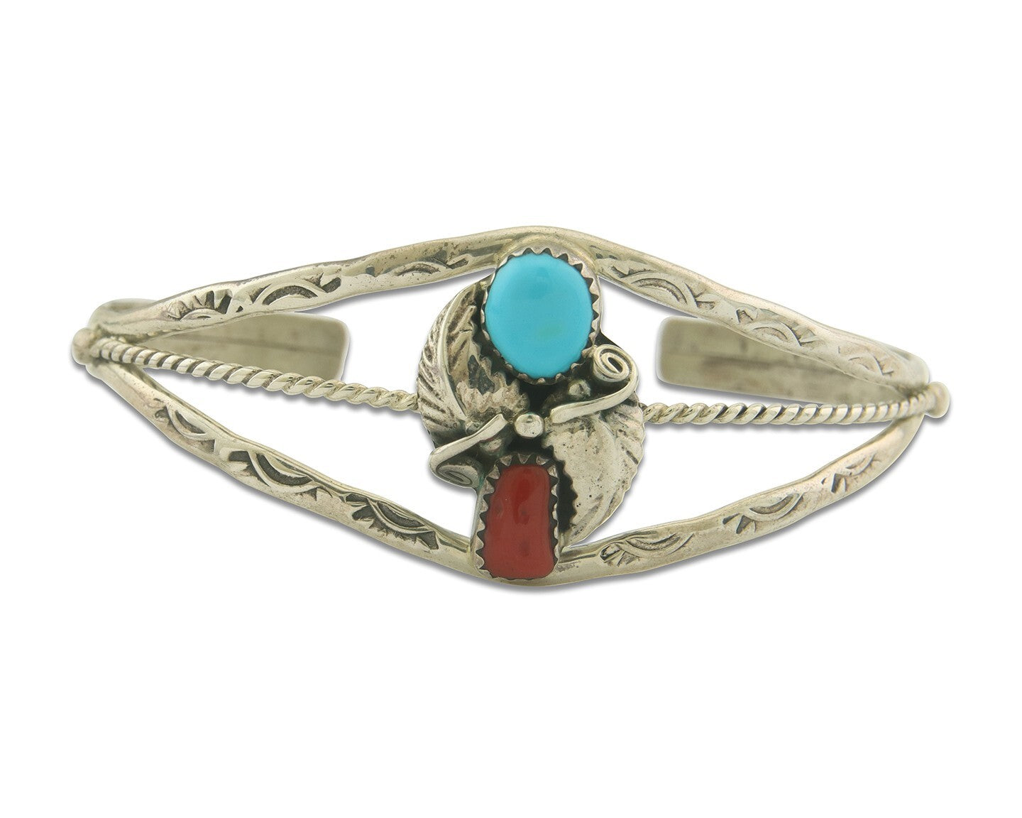 Navajo Bracelet 925 Silver Coral & Turquoise Cuff Signed