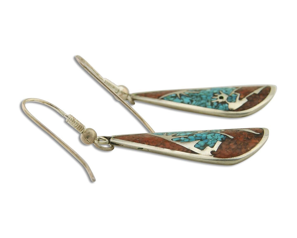 Navajo Kokopelli Earrings 999 Nickel Chip Inlay Turquoise Coral Native American