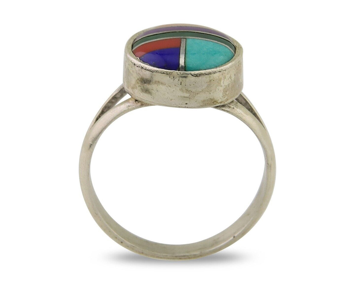 Navajo Ring 925 Sterling Silver Natural Gemstones Artist Signed Sunrise C.80's