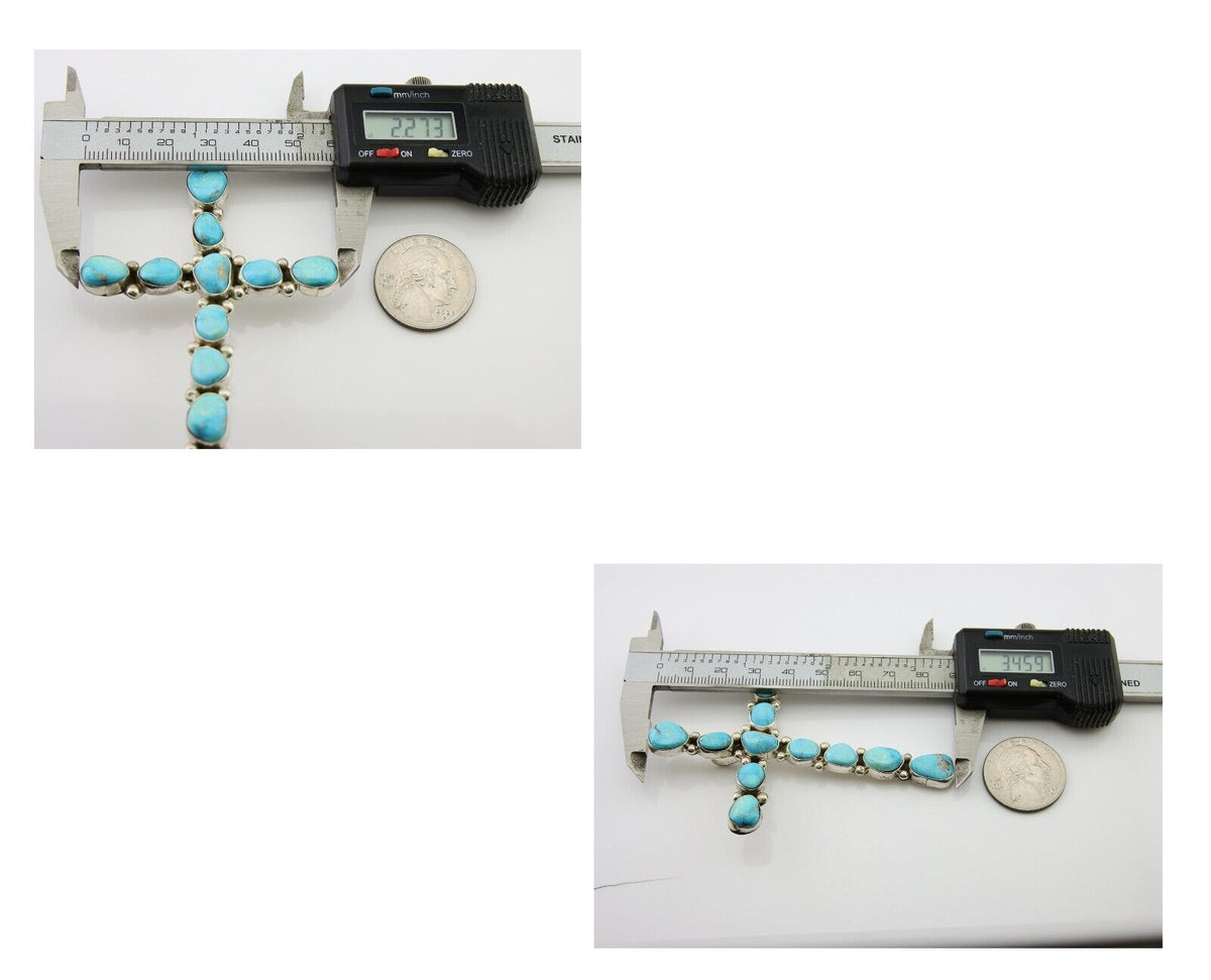 Navajo Cross Handmade Pendant 925 Silver Turquoise Artist Signed Russel Sam C80s