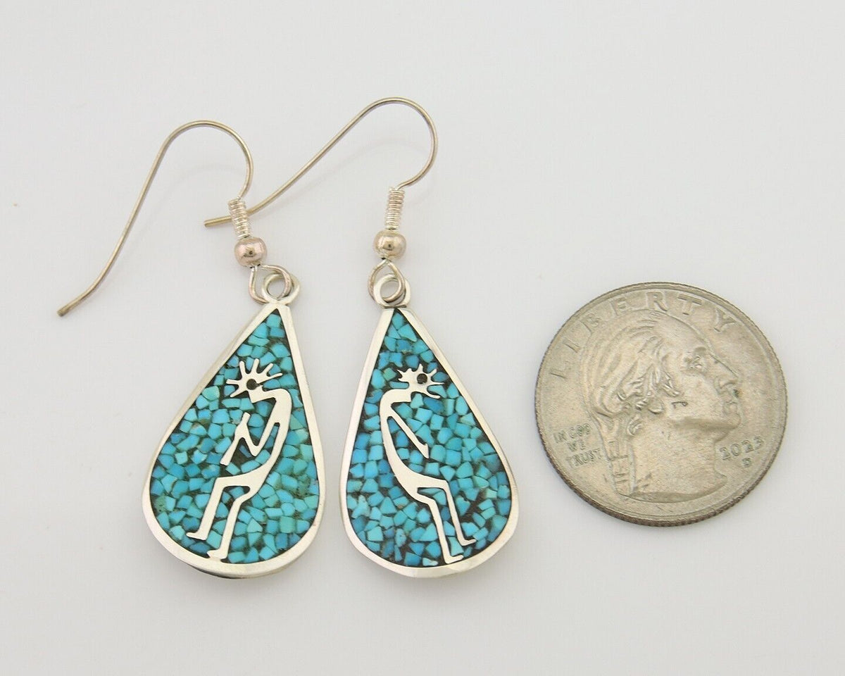 Navajo Kokopelli Earrings 999 Nickel Chip Inlay Turquoise Coral Native American