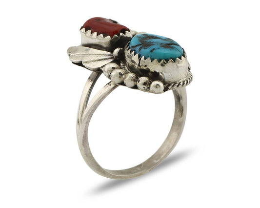 Navajo Ring .925 Silver Turquoise & Coral Artist Signed Justin Morris C.80's