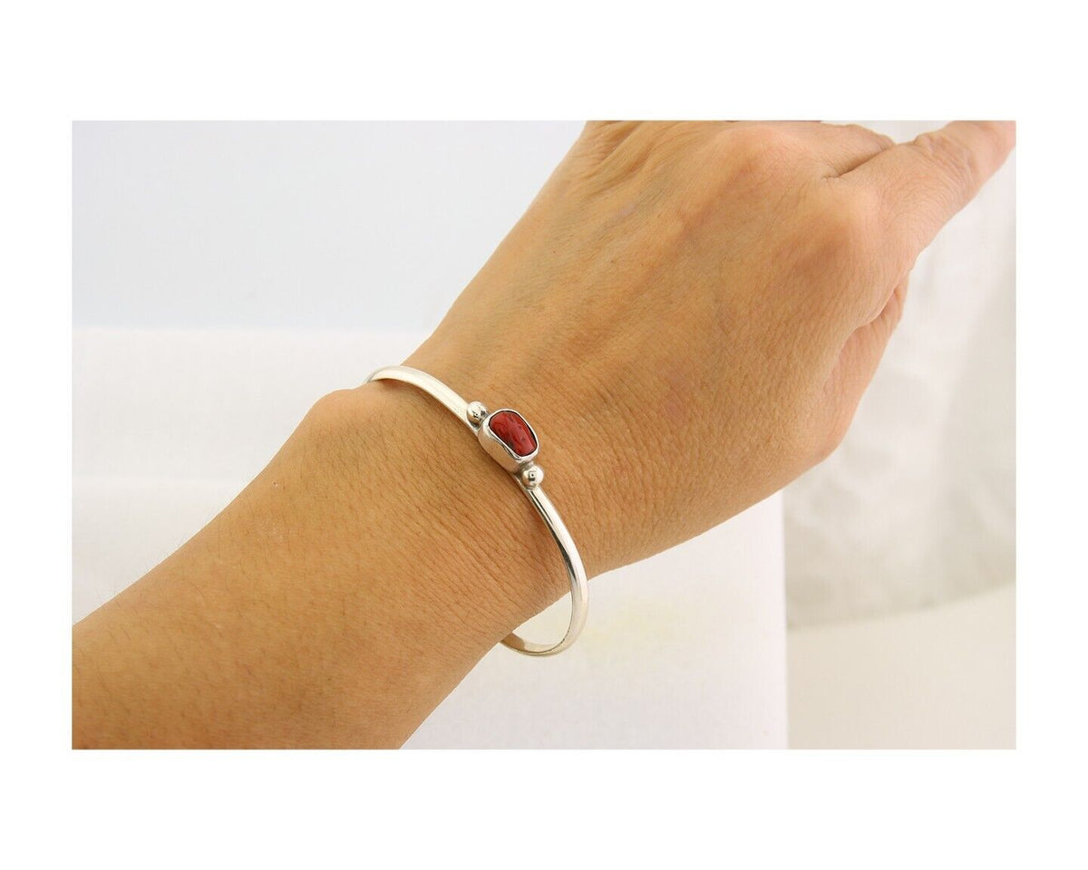 Navajo Bracelet .925 Silver Natural Red Coral Cuff Native American Artist C.80's