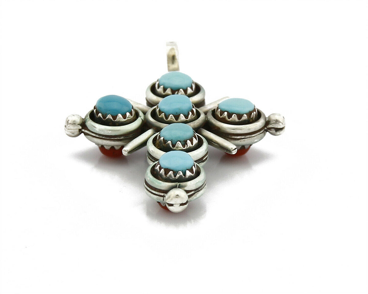 Zuni Natural Turquoise and Coral Reversible 925 Silver Handmade Pendant