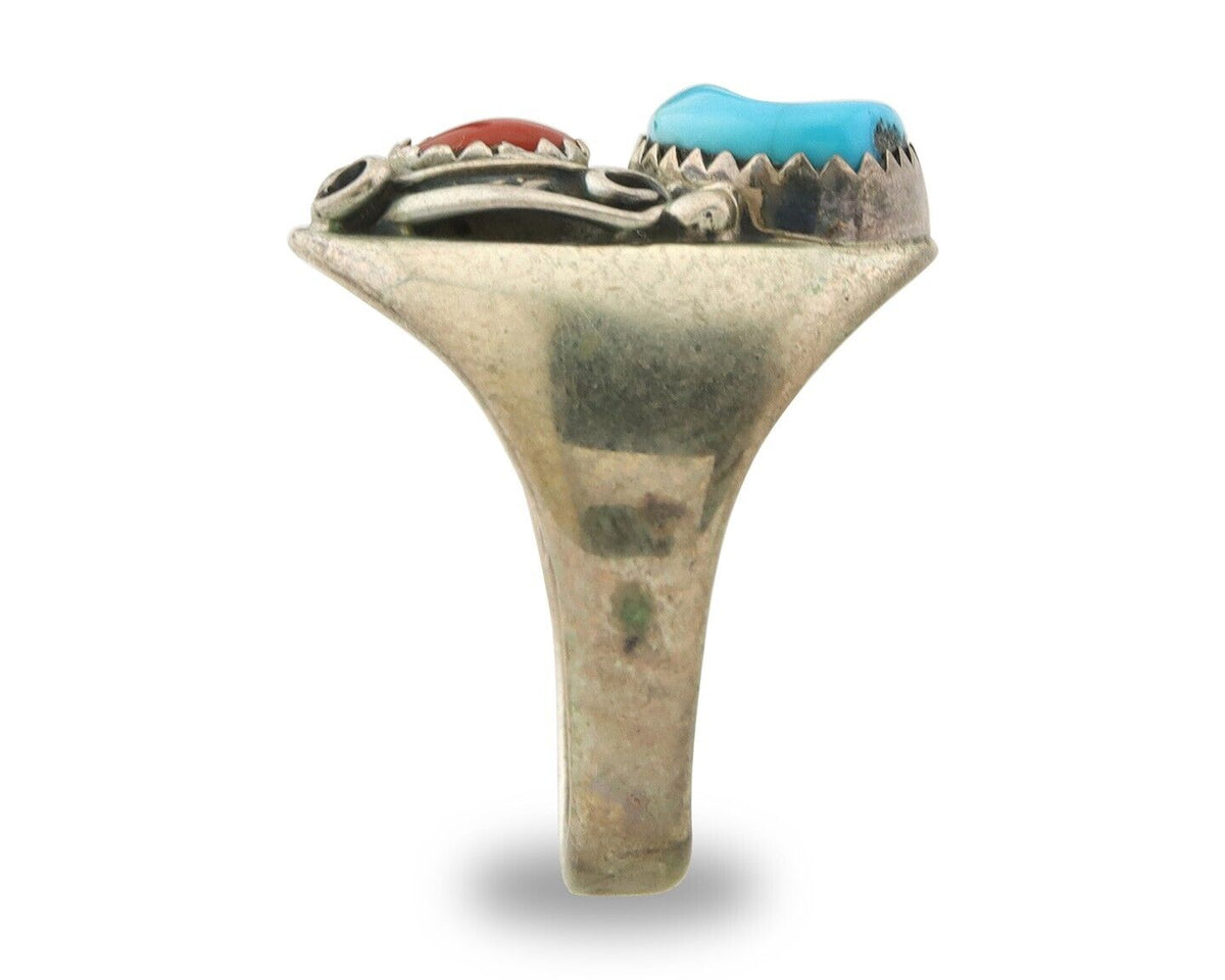 Navajo Ring 925 Sterling Turquoise & Coral Native Artist C.80's Size 9.0