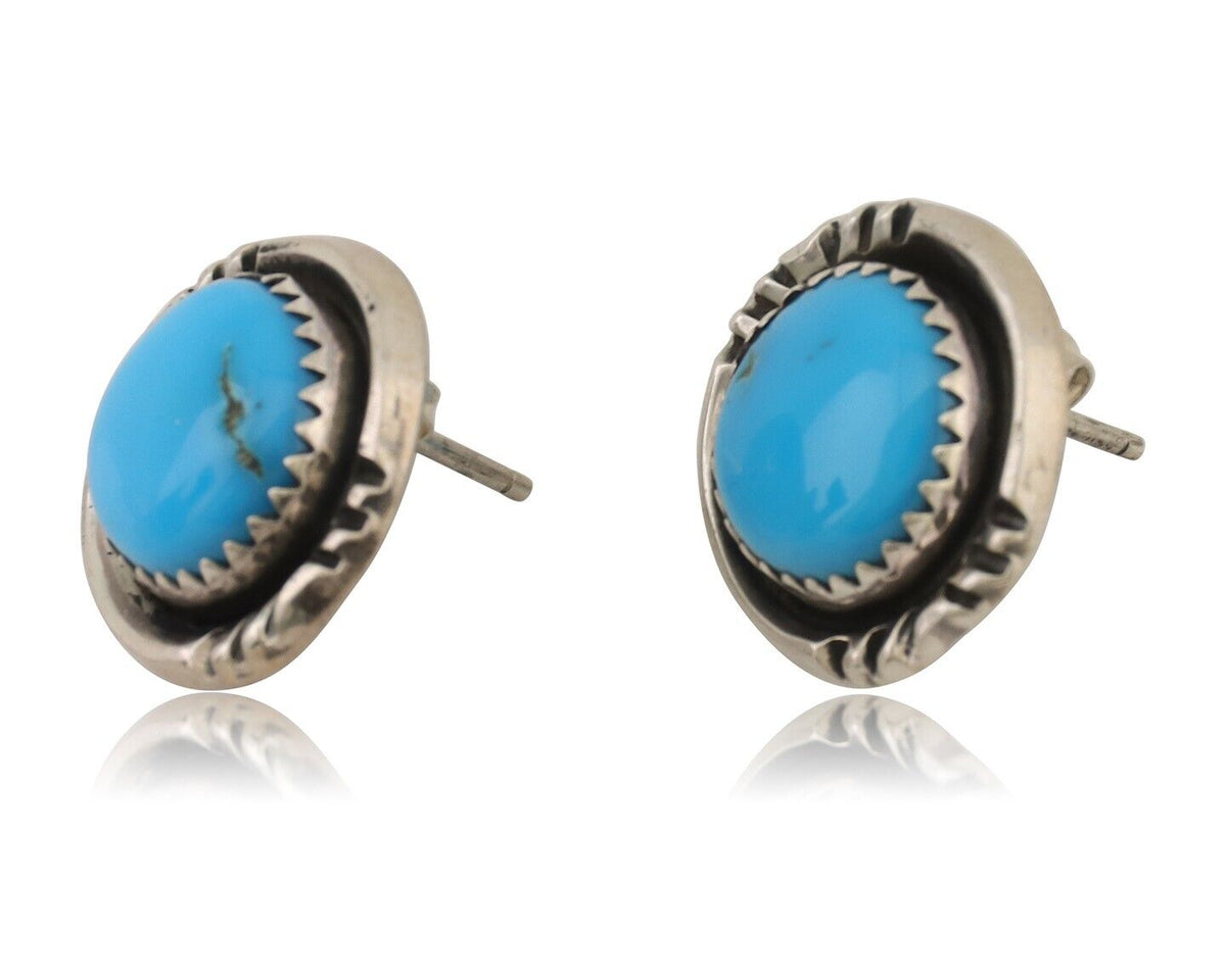 Navajo Earrings 925 Silver Natural Blue Turquoise Native American Artist C.80s