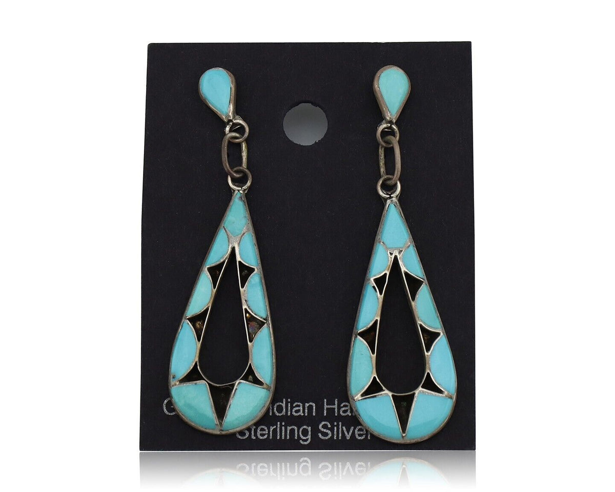 Navajo Handmade Earrings 925 Silver Blue Turquoise Native Artist C.80s