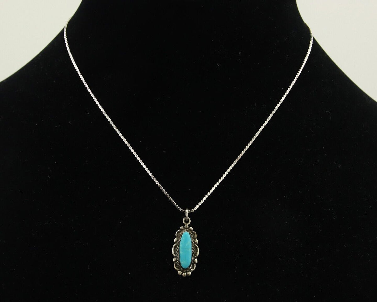 Navajo Necklace 925 Silver Natural Turquoise Artist Signed Square C.80's