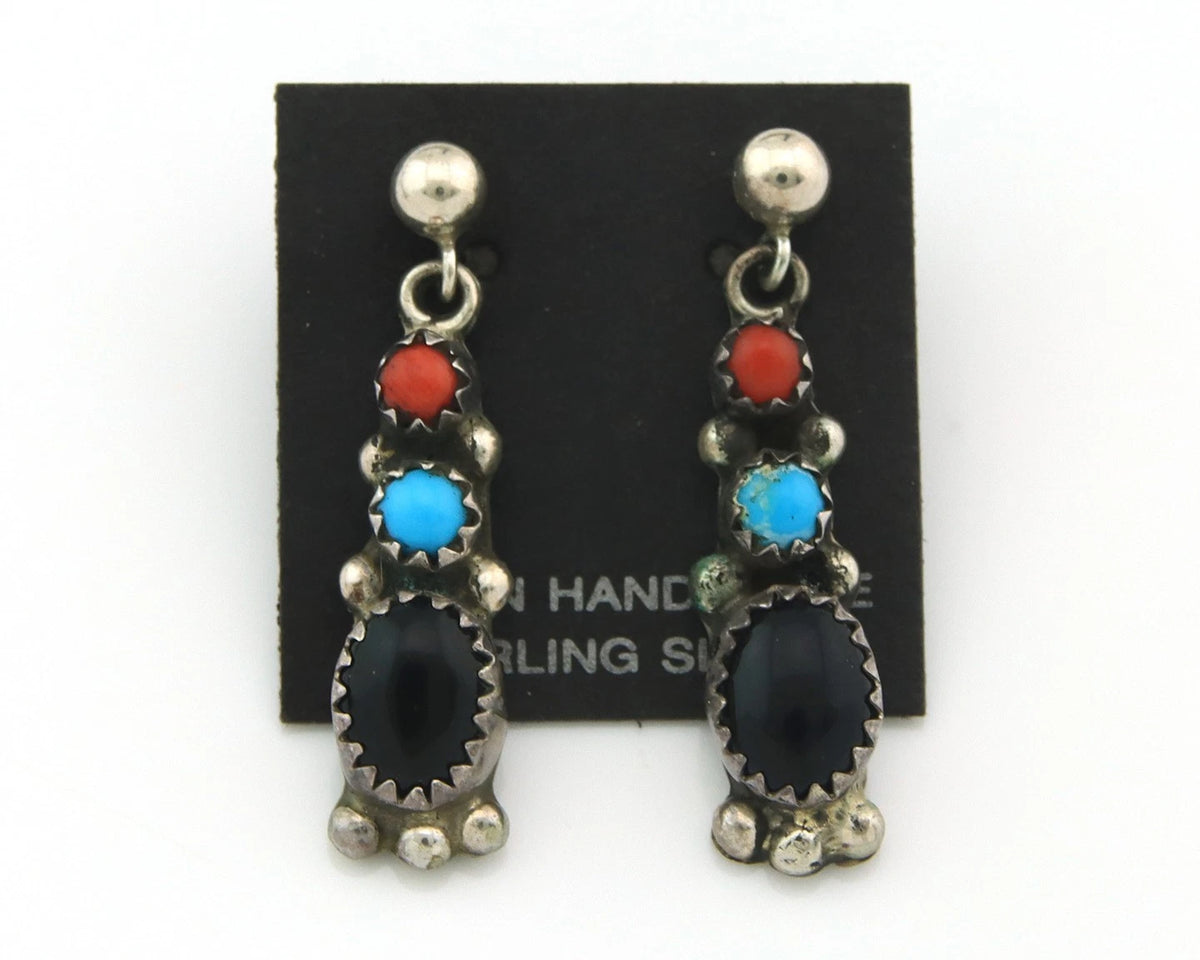 Navajo Dangle Earrings Sterling Silver Natural Gemstones Vintage Handmade