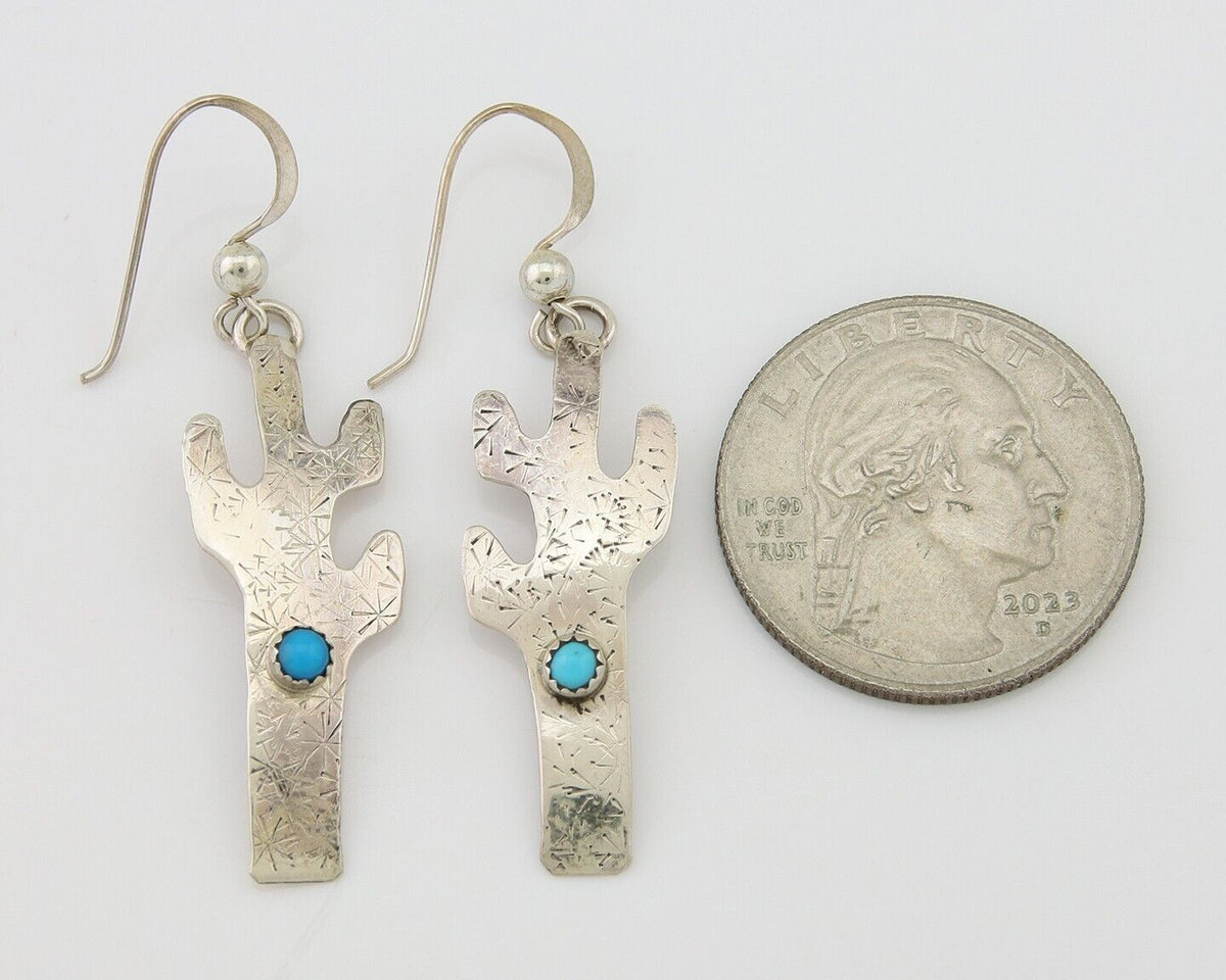 Navajo Handmade Cactus Earrings 925 Silver Natural Turquoise Native Artist C.80s