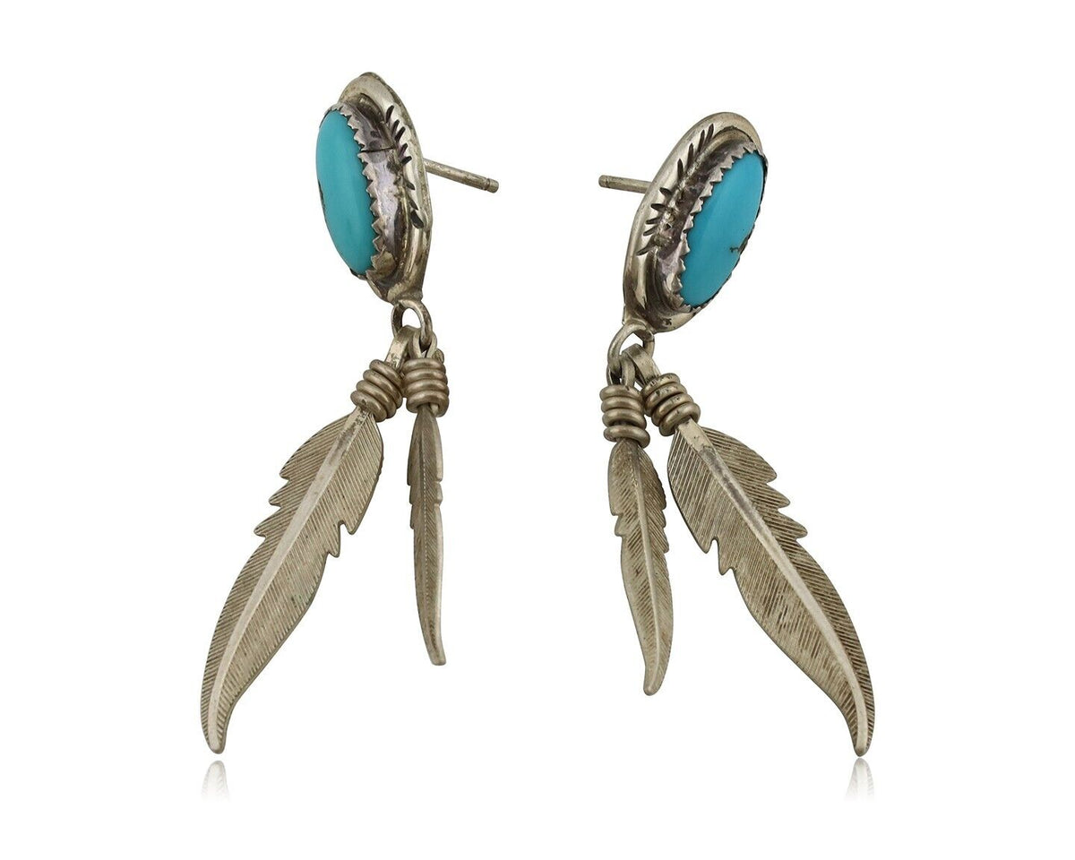 Navajo Handmade Earrings 925 Silver Blue Turquoise Native Artist C.80s