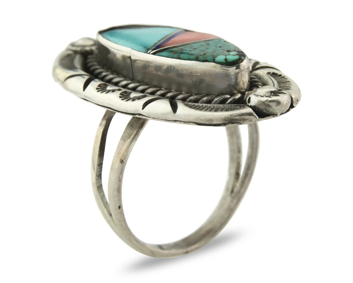 Vintage Zuni Ring 925 Sterling Silver Gemstone Signed V&N Edsitty Size 7.75