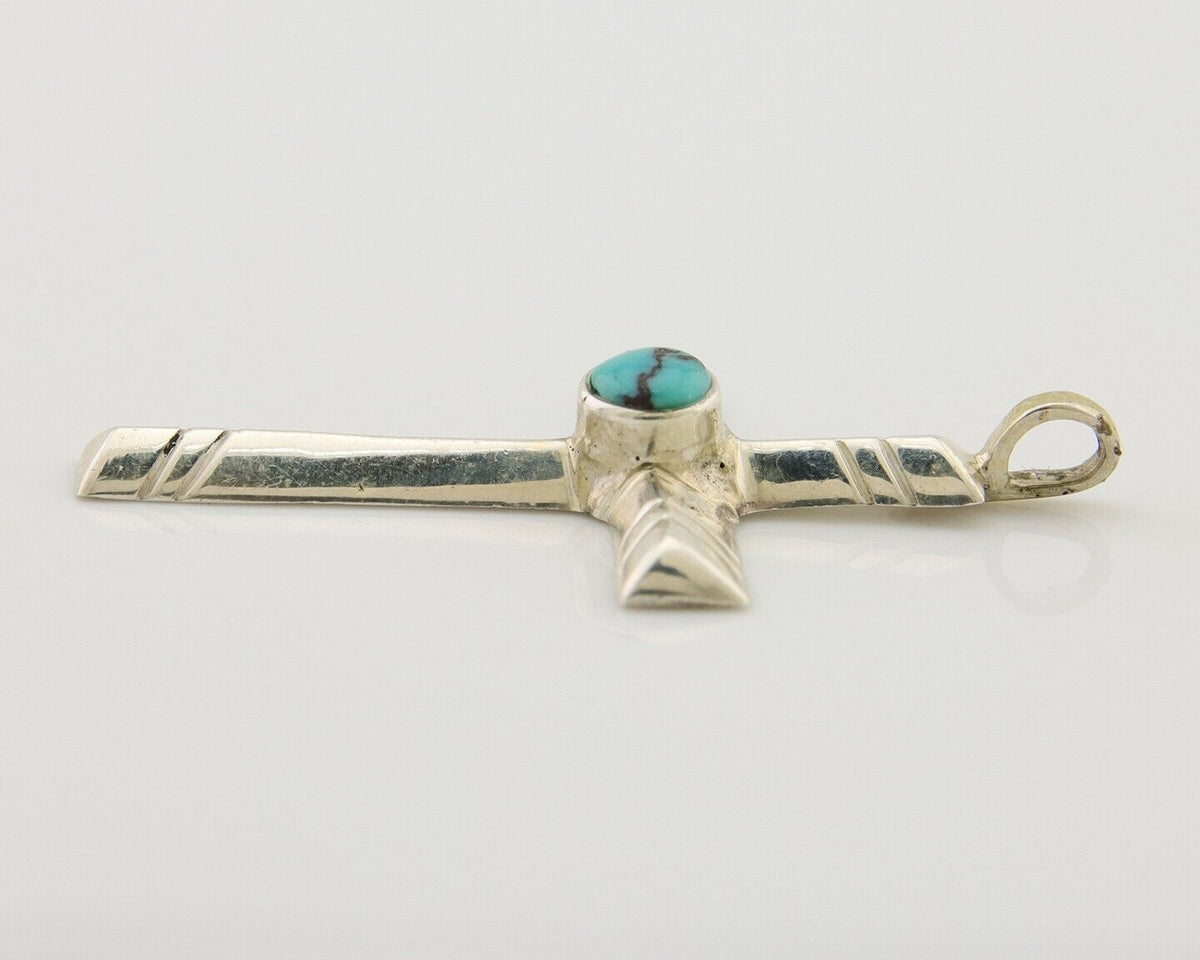 Navajo Sand Cast Cross Pendant 925 Silver Turquoise Artist Signed J Yazzie C.80s