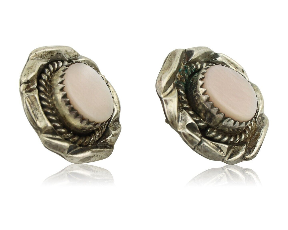 Navajo Handmade Earrings 925 Silver Pink Mussel Native American Artist C.80's